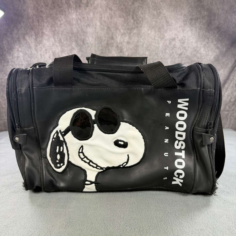 Vintage Joe Cool Peanuts Snoopy Woodstock Duffle Bag Black Travel Gym Bag